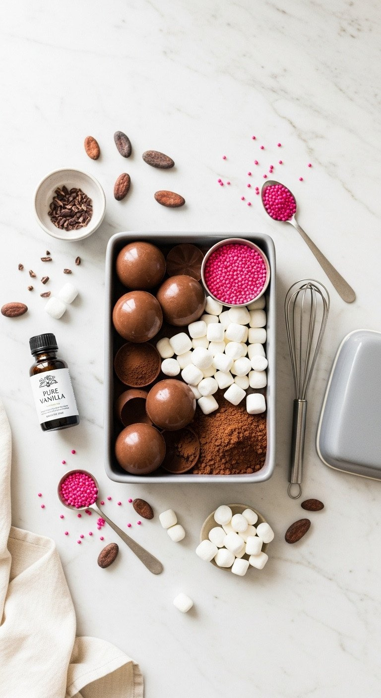 Diy Hot Cocoa Bomb Kit In Grey Box With Chocolate Molds, Cocoa, Marshmallows, Pink Sprinkles, Whisk On Marble Counter.
