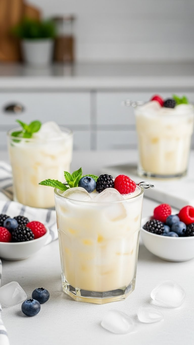 Diy Sugar-Free Italian Soda With Fresh Berries And Mint Garnish In Clear Glass On White Linen Tablecloth.