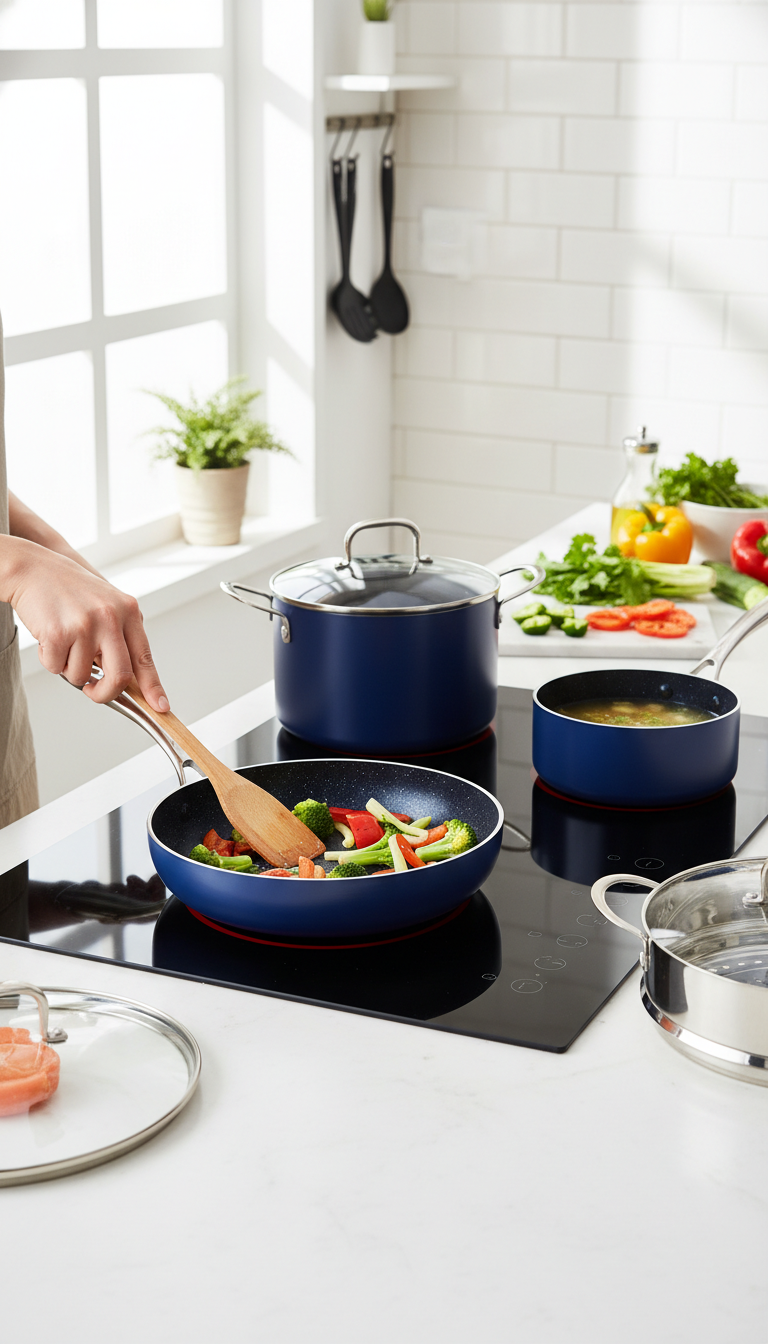 A Duxano Frying Pan On An Induction Cooktop With An Infrared Thermometer Measuring Its Surface Temperature.