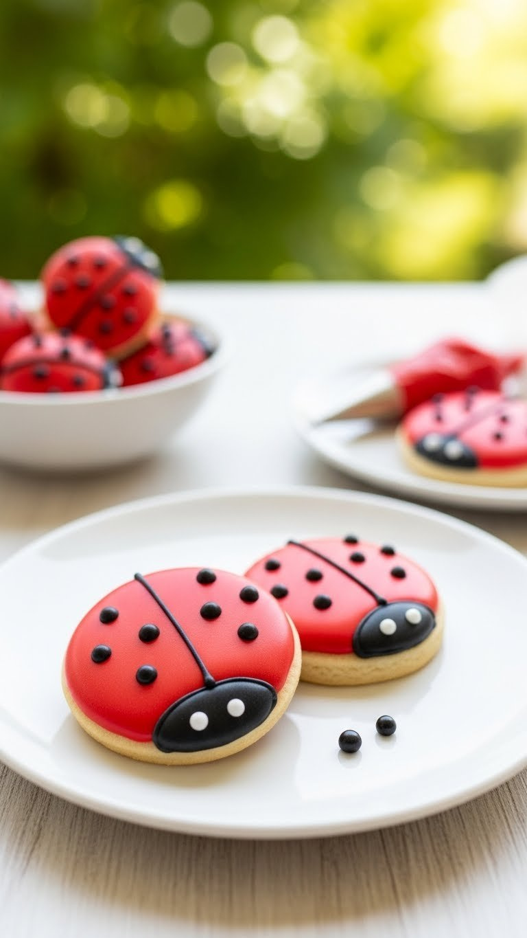 Dainty Ladybug Cookies With Red Royal Icing And Black Spots Arranged On White Ceramic Plate With Garden Backdrop