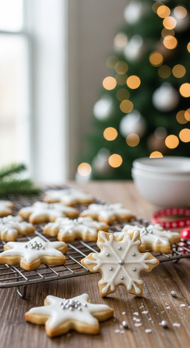 Dairy-Free Christmas Sugar Cookies Shaped Like Stars And Snowflakes With White Royal Icing And Silver Sprinkles On A Wire Rack.