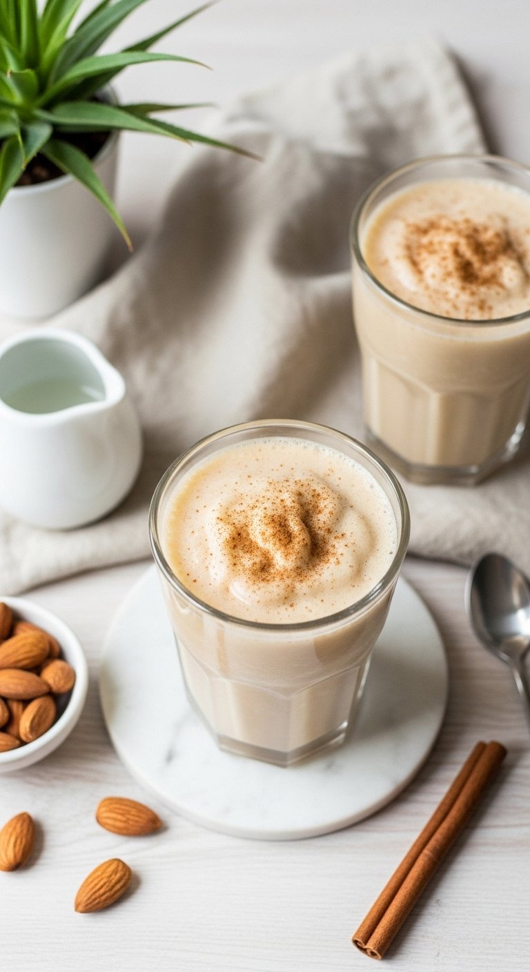 Dairy-Free Almond Milk Frozen Coffee With Cinnamon Sprinkle On A Light Wooden Table With Natural Elements.