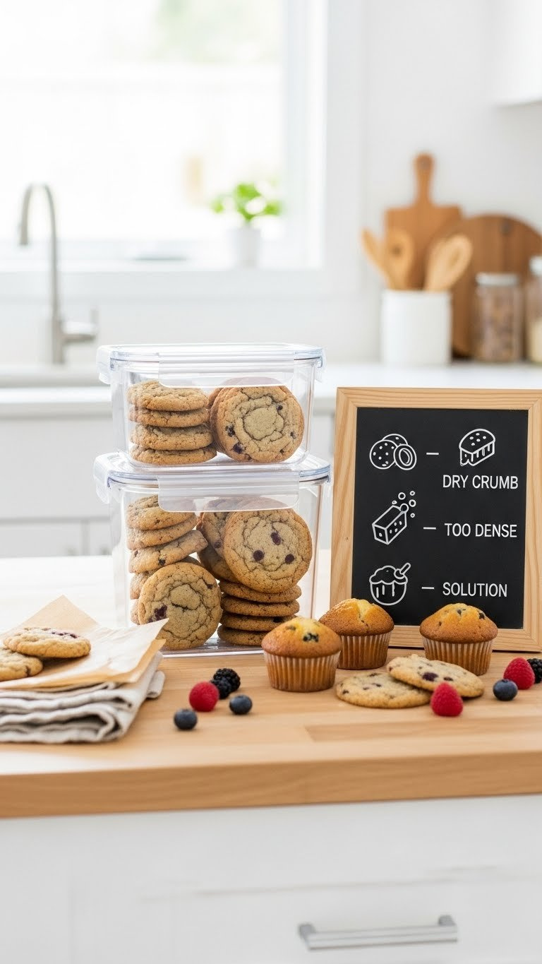 Dairy-Free Cookies And Muffins In Airtight Containers With Chalkboard Icons On Light Wood Kitchen Counter