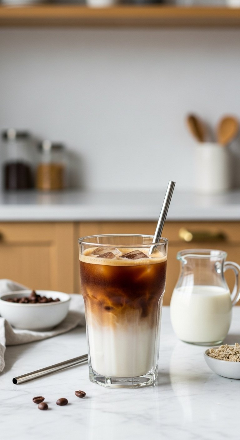 Dairy-Free Espresso With Oat Milk And Ice Cubes On A White Marble Countertop.