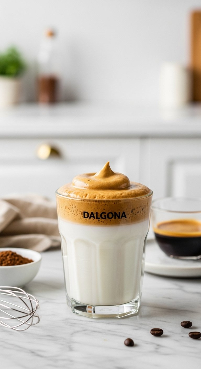 Dalgona Coffee Featuring Thick Whipped Coffee Foam Over Cold Milk In A Clear Glass On Marble.