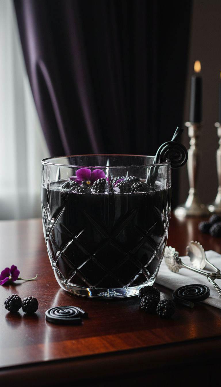 Dark Black Magic Halloween Punch With Floating Blackberries, Edible Flowers In An Elegant Crystal Bowl. Sophisticated Spooky Drink.