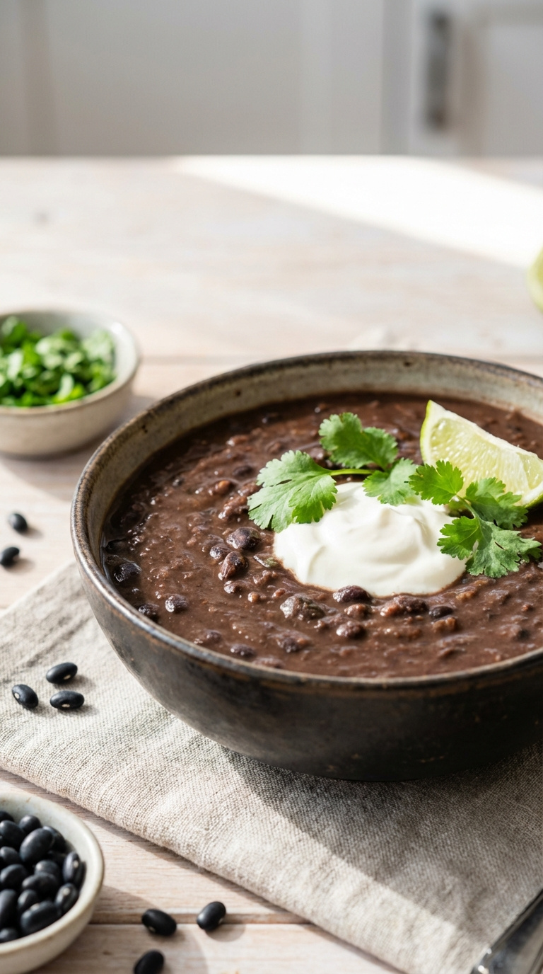 Dark Instant Pot Black Bean Soup Garnished With Sour Cream, Cilantro, And Lime Wedge On Rustic Surface