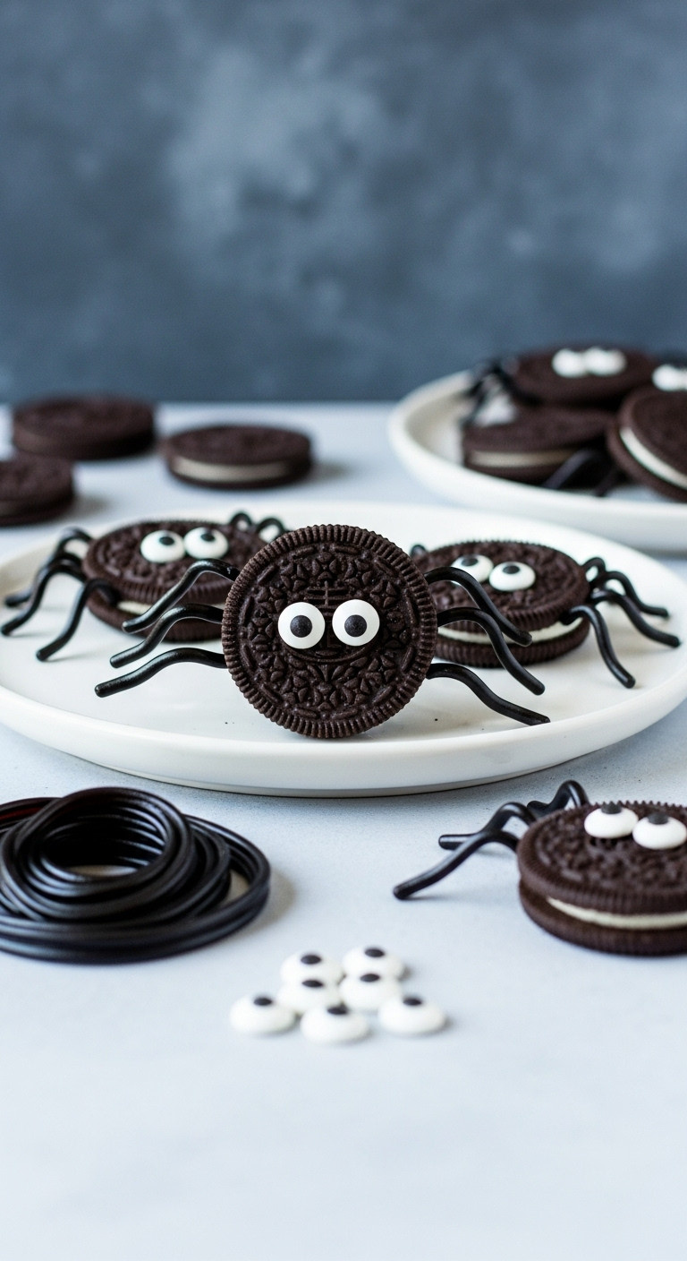 Dark Oreo Spider Cookies With Black Licorice Legs And Candy Eyes On A White Platter For Spooky Halloween Treats.