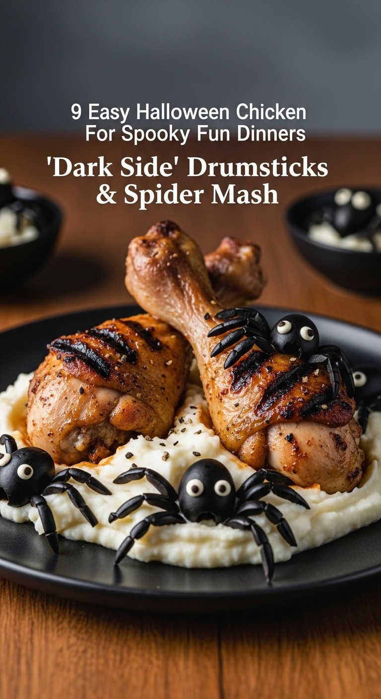 Dark Side Drumsticks And Spider Mash With Olive Spiders On A Dark Plate On A Wooden Table