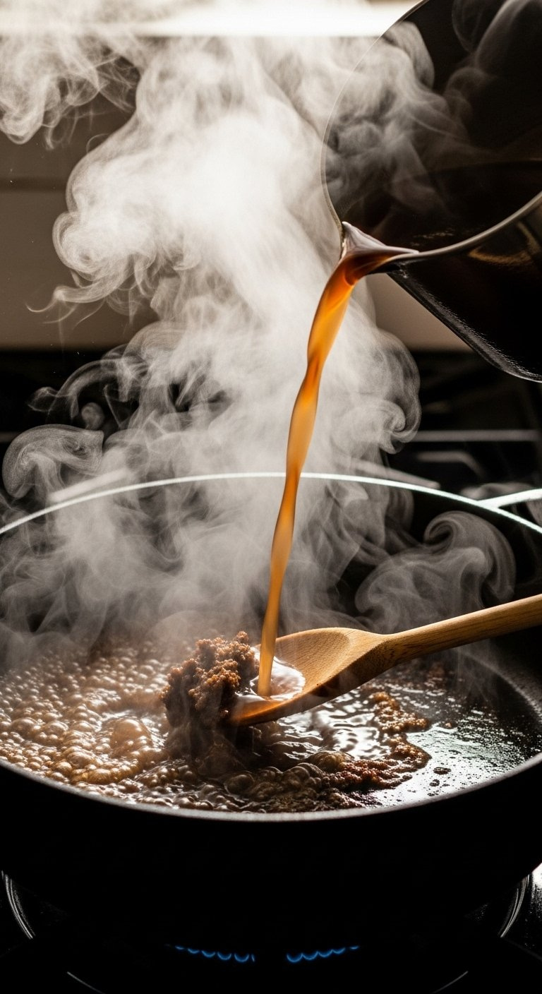Dark Beef Broth Being Poured Into A Hot Dutch Oven While A Wooden Spoon Scrapes The Bottom.