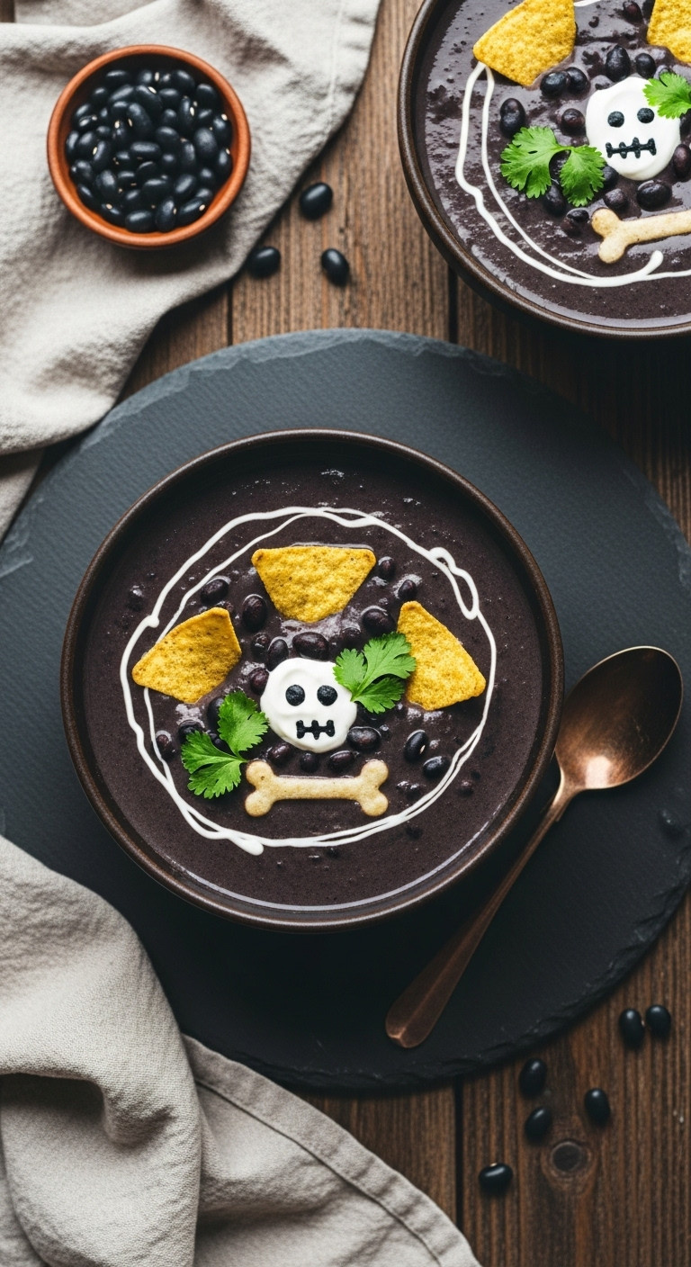 Dark Black Bean Soup With Tortilla Chip Gravestones, Sour Cream Bones, Cilantro In Rustic Bowl On Slate Placemat. Mysterious Halloween Food.