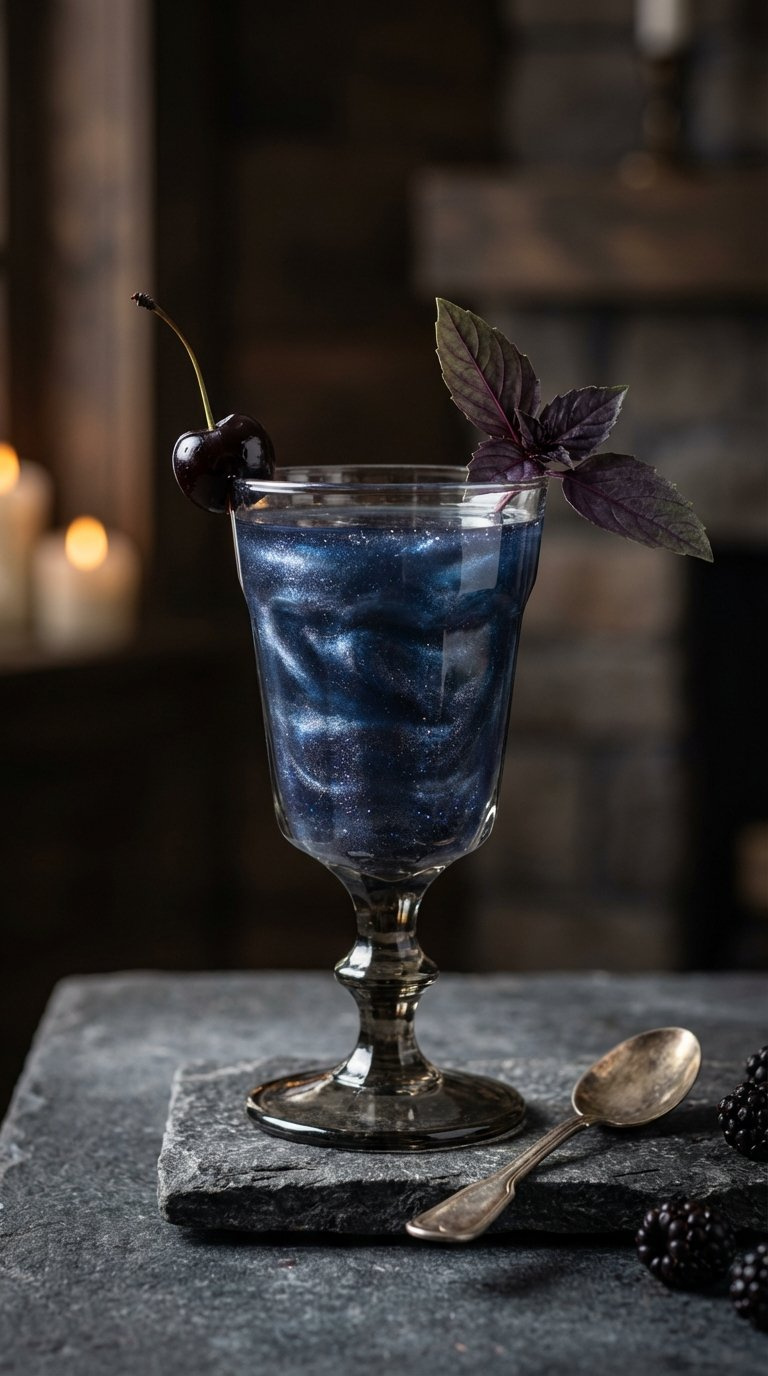 Dark Blue Deep Sea Shimmer Drink In Antique Goblet With Swirling Edible Glitter And Dark Cherry Garnish