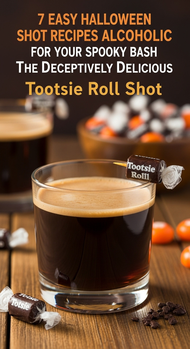 Dark Brown Tootsie Roll Halloween Shot With A Tootsie Roll Garnish On A Rustic Wooden Table With Blurred Halloween Candy