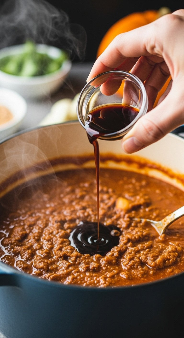 Dark Brown Liquid Drizzled Into Rich Pumpkin Chili, A Secret Ingredient For Enhanced Flavor. Steam Rises From The Pot.