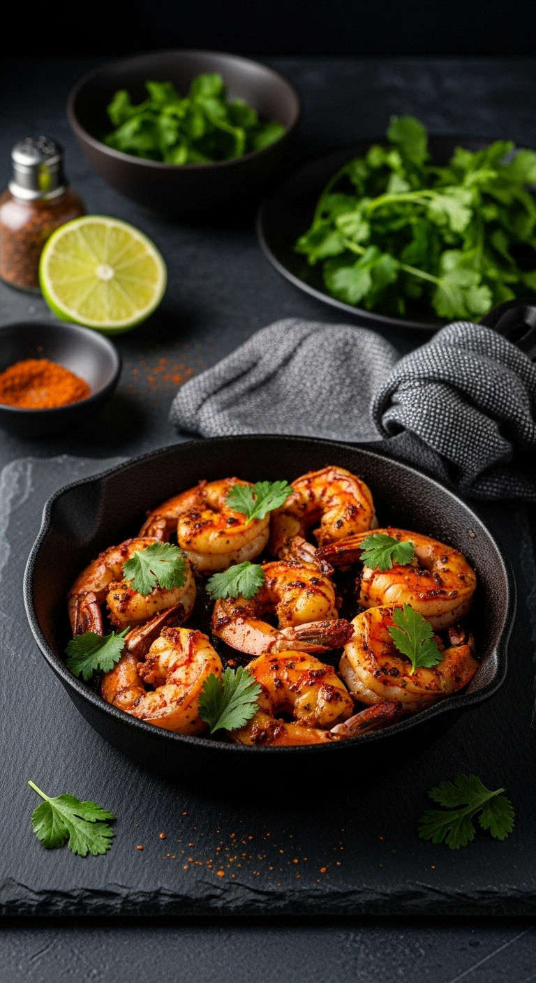 Dark Cast-Iron Skillet With Deeply Colored Cajun Shrimp, Charred And Garnished With Cilantro, Lime, And Spice Bowl
