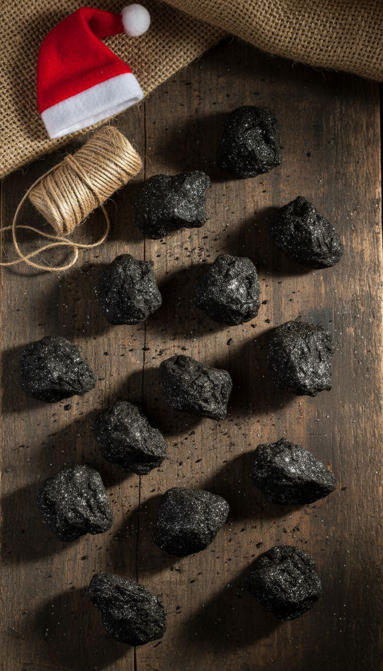 Dark Chocolate Christmas Oreo Coal: Irregular Black Chunks With Edible Silver Glitter. Rustic Wooden Surface, Holiday Treat.