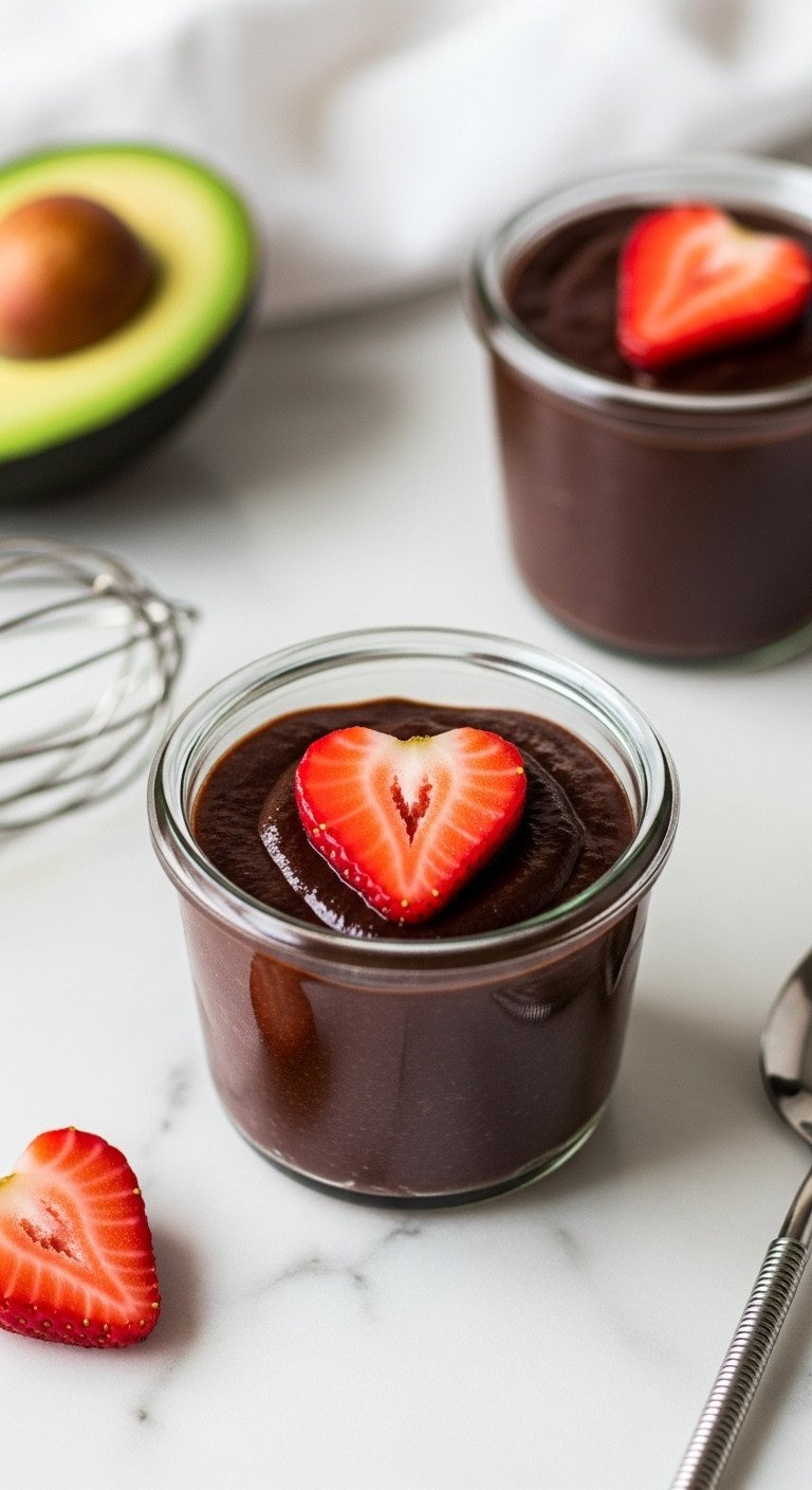 Dark Chocolate Avocado Pudding In A Heart Cup, Topped With Sliced Strawberry Heart On Marble Counter. Elegant, Healthy Dessert.