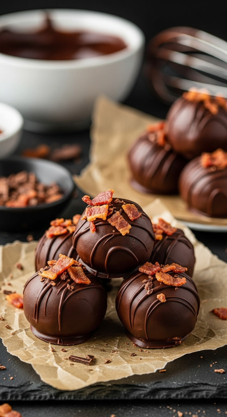 Dark Chocolate Bacon Peanut Butter Truffles Sprinkled With Crispy Bacon Bits On Wax Paper