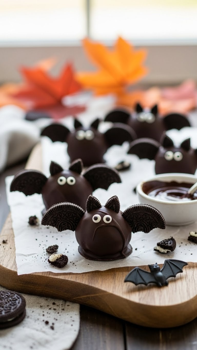 Dark Chocolate Bat Oreo Truffles With Mini Cookie Wings And Edible Googly Eyes On Rustic Wooden Board