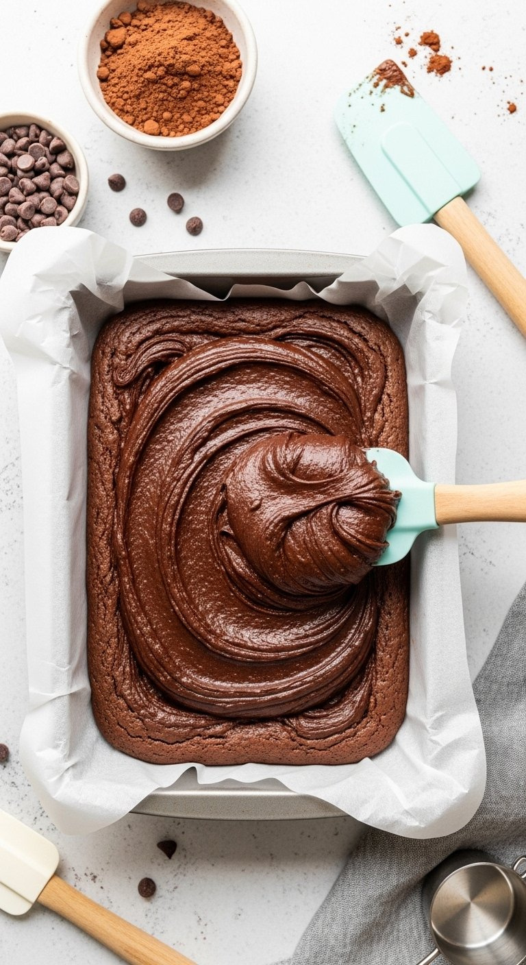 Dark Chocolate Brownie Batter Spread In A Parchment-Lined Pan With Scattered Chocolate Chips.