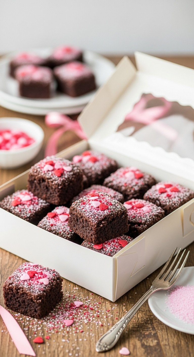 Dark Chocolate Brownie Bites With Pink And Red Heart Sprinkles In A White Window Box, On A Rustic Wooden Table.