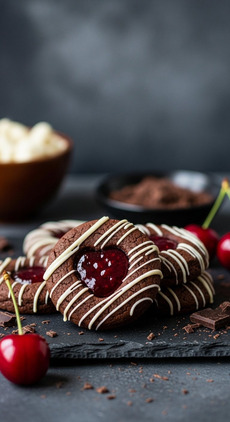 Dark Chocolate Cherry Thumbprint Heart Cookies With White Chocolate Drizzle On A Slate Surface.
