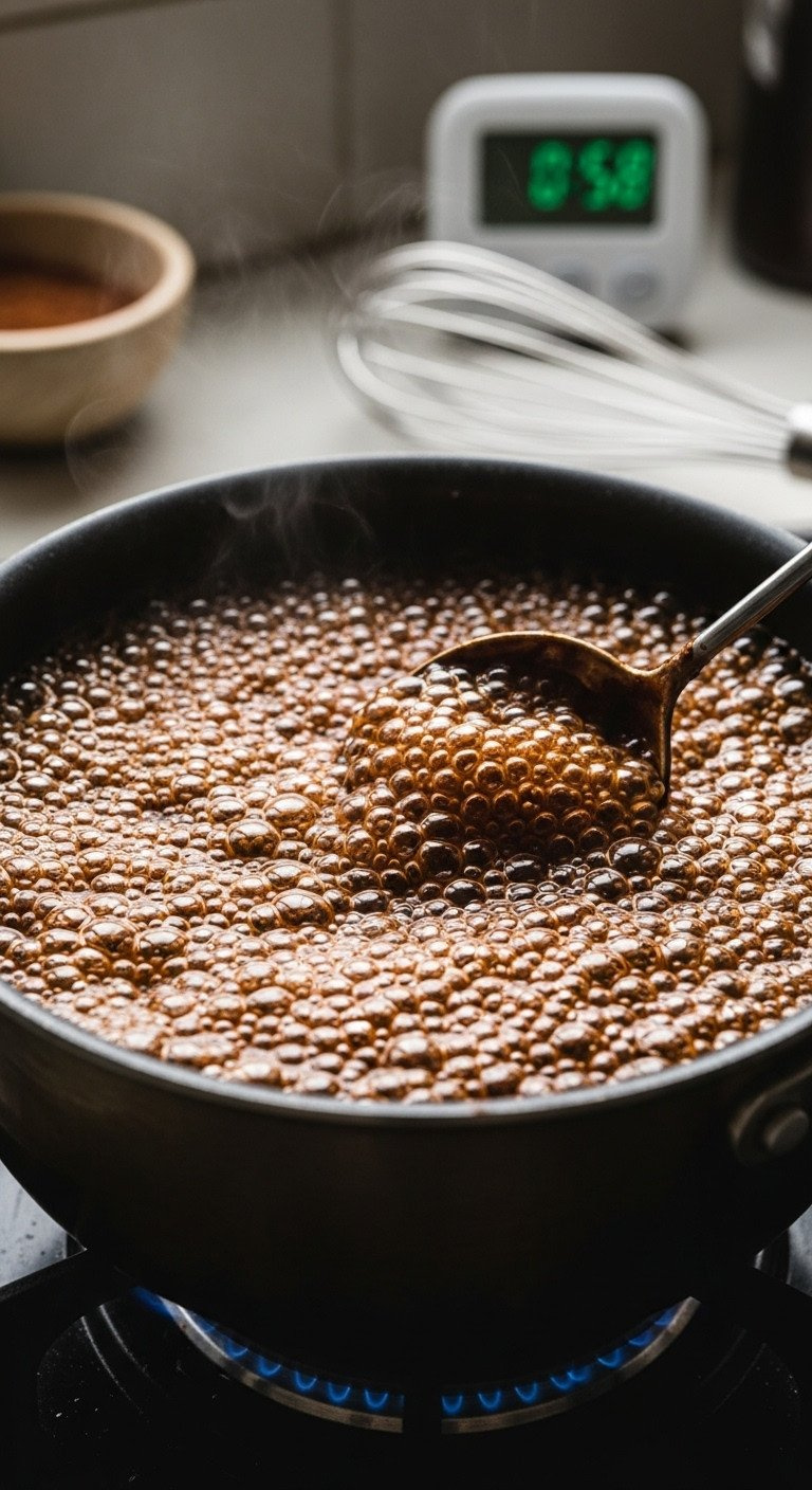 Dark Chocolate-Colored Sugar Mixture At A Vigorous Rolling Boil In A Saucepan. Close-Up Of Active Bubbles, Whisk Nearby, On A Stovetop.
