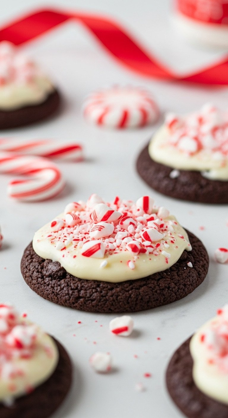 Dark Chocolate Cookie With Melted White Chocolate &Amp; Crushed Candy Canes On Marble. Festive Ribbon, Whole Candy Canes.