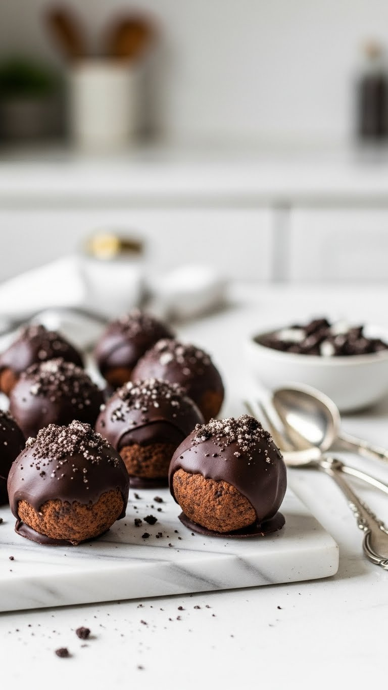 Dark Chocolate-Dipped Oreo Truffles With Crushed Crumbs On A White Marble Serving Tray In A Kitchen Setting. Delicious Homemade Dessert.