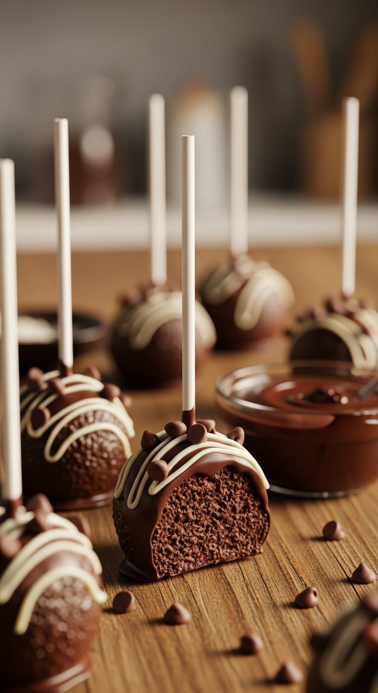 Dark Chocolate Fudge Cake Pop With White Chocolate Drizzle And Mini Chips On A Rustic Wooden Table.