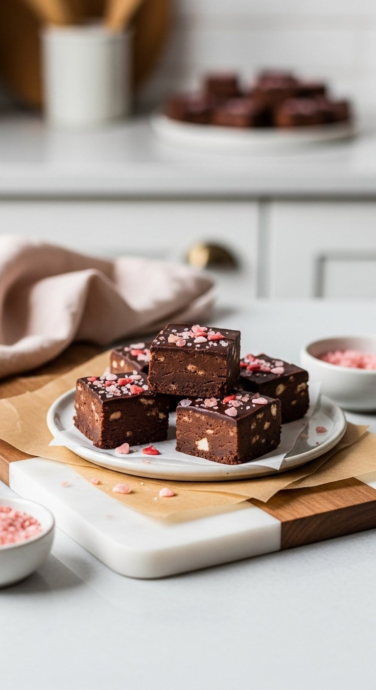 Dark Chocolate Fudge Squares Topped With Pink Flaky Salt And Heart Sprinkles On A Marble Cutting Board, Ready To Serve.