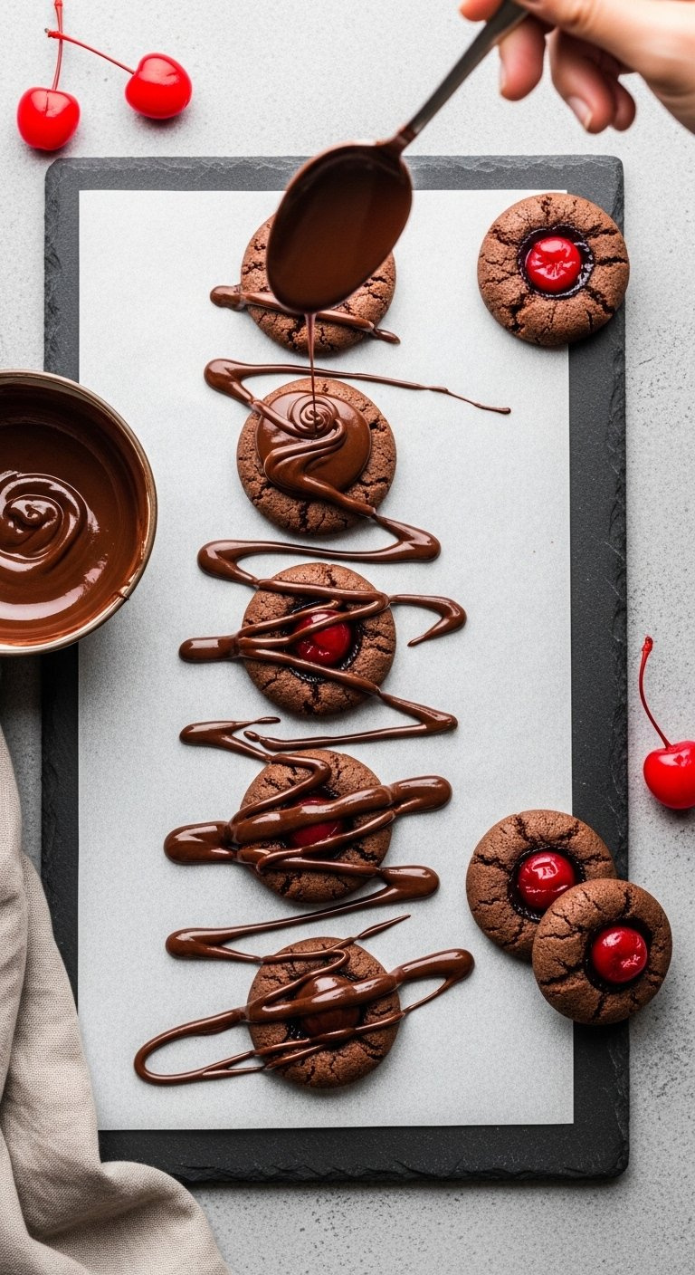 Dark Chocolate Ganache Being Drizzled Over A Row Of Chocolate Cherry Thumbprint Cookies.