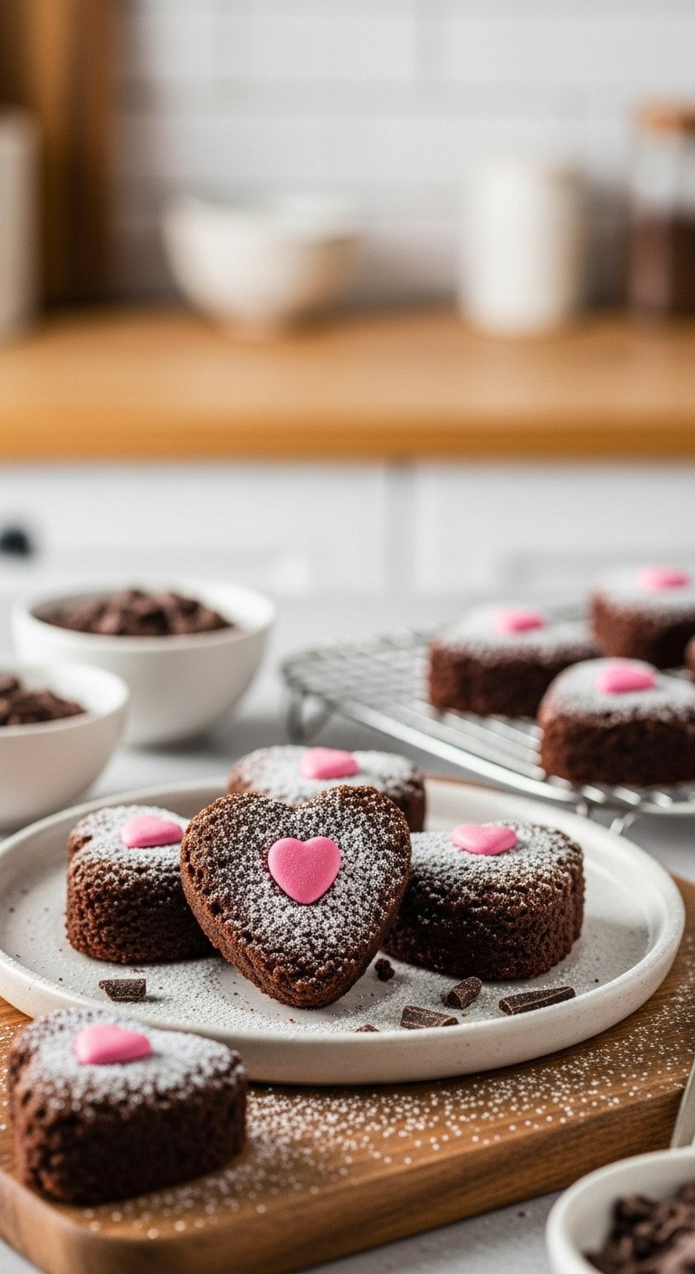 Dark Chocolate Heart-Shaped Brownie Bites, Dusted With Powdered Sugar And Pink Candy Hearts On A Platter.