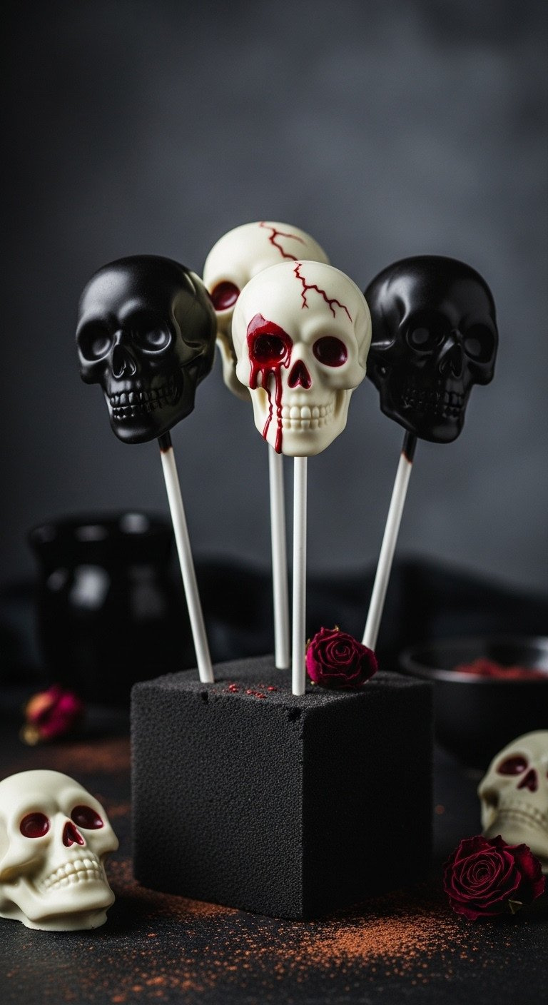 Dark Chocolate Skull Cake Pops With White Coating, Red Eye Drips, Cocoa Powder, Dried Roses On Black Stand.