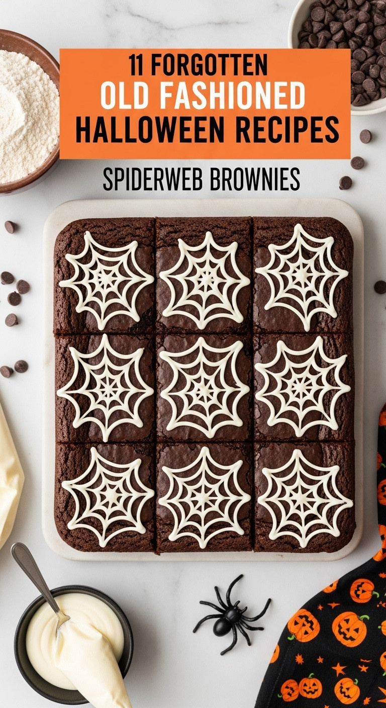 Dark Chocolate Spiderweb Brownies With White Icing On Marble. Blurred Flour, Chocolate Chips, Plastic Spider. Spooky Halloween Dessert.