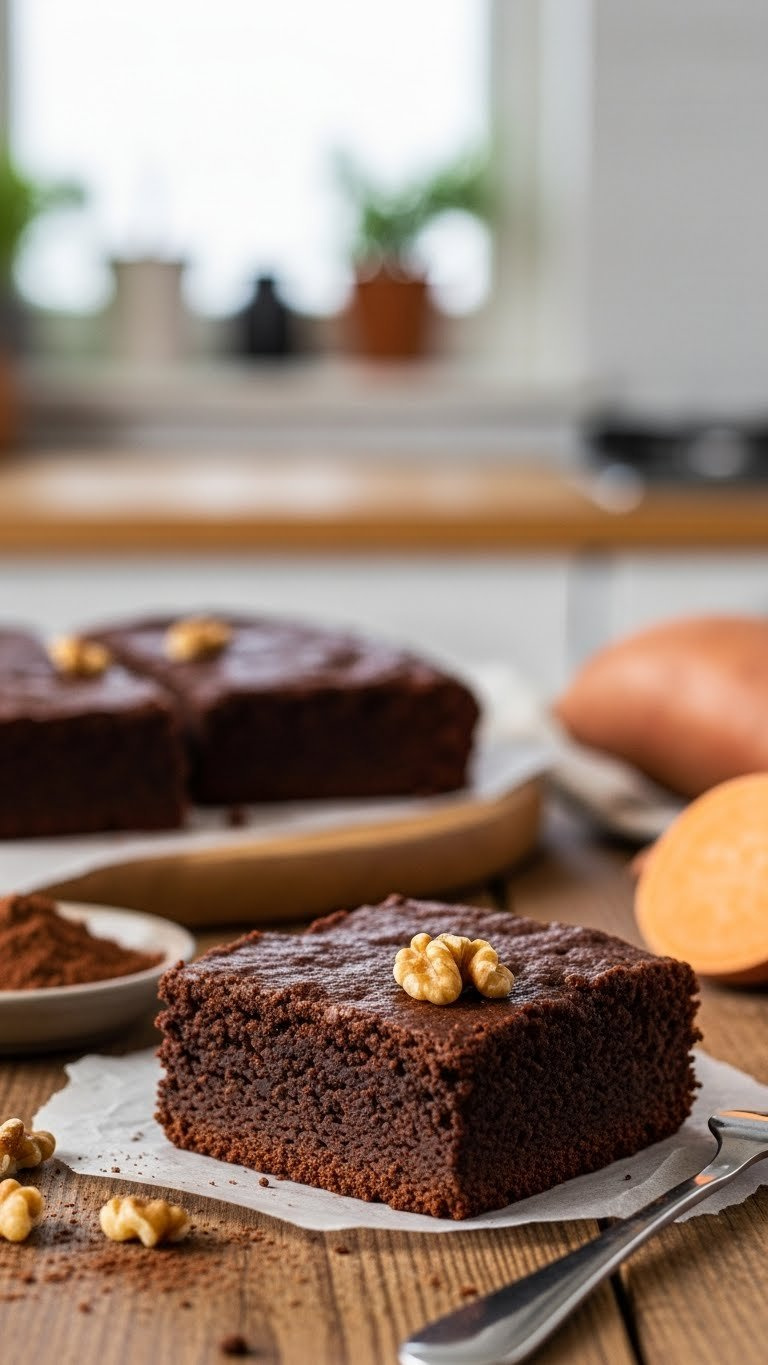 Dark Chocolate Sweet Potato Brownie Square On Rustic Wooden Table With Chopped Walnuts And Cocoa Dusting