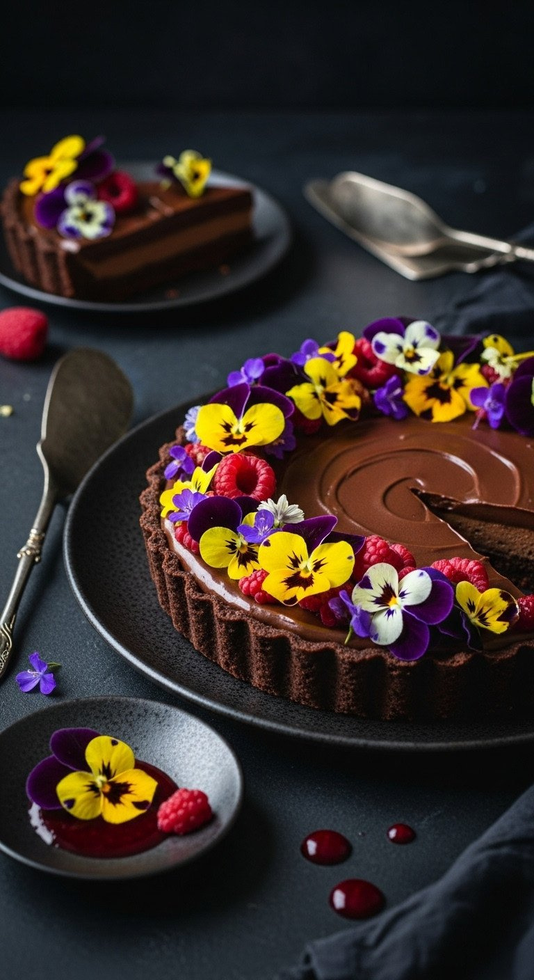 Dark Chocolate Tart With Espresso Ganache, Topped With Vibrant Edible Violas And Pansies On A Matte Ceramic Plate.