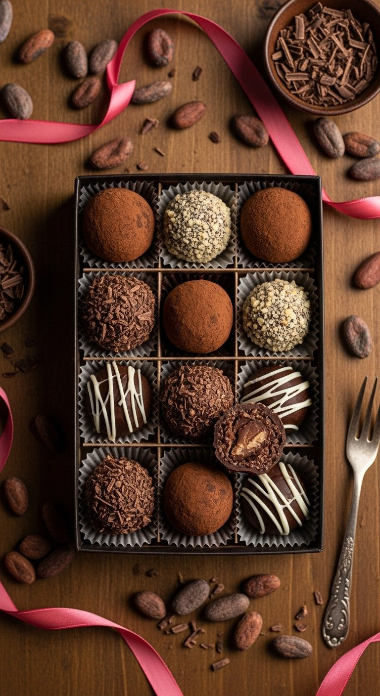 Dark Chocolate Truffles With Cocoa &Amp; Nuts, Drizzled With White Chocolate, In An Elegant Box. Gourmet Dessert Gift.