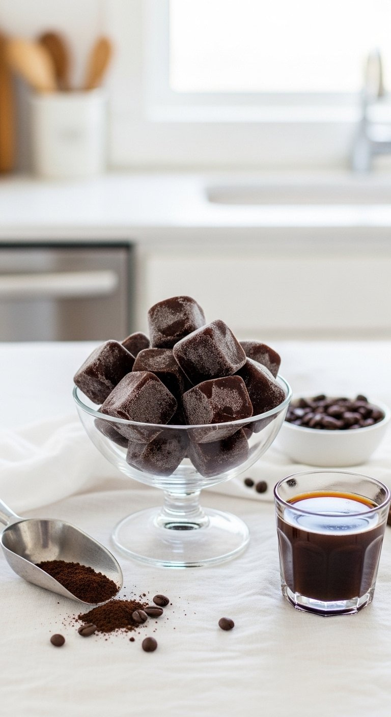 Dark Coffee Ice Cubes In A Vintage Glass Bowl On A White Linen Tablecloth.