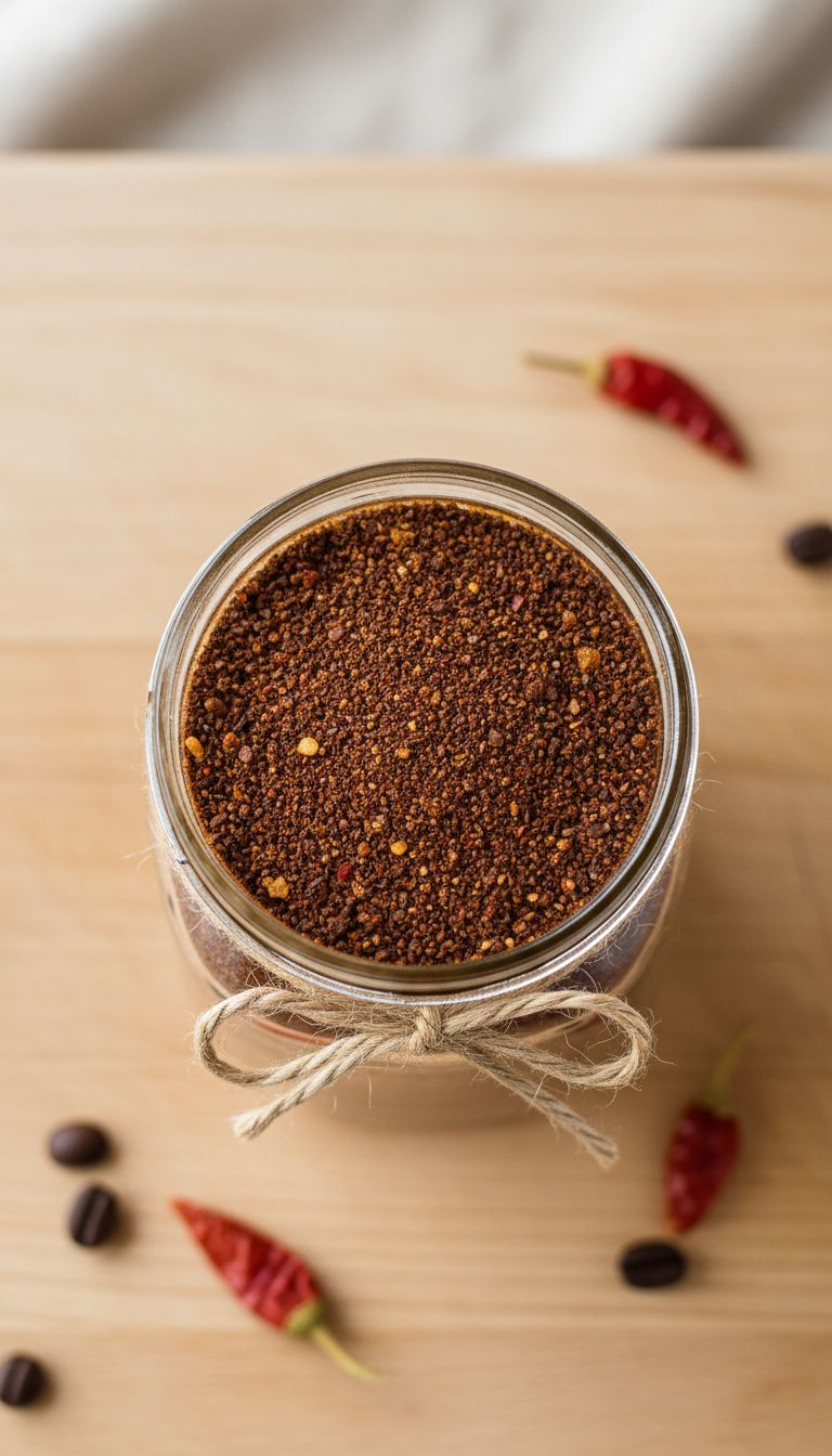 Dark Coffee Spice Rub Mix In An 8Oz Mason Jar With Coffee Grounds, Brown Sugar, Paprika, Chili On Butcher Block.