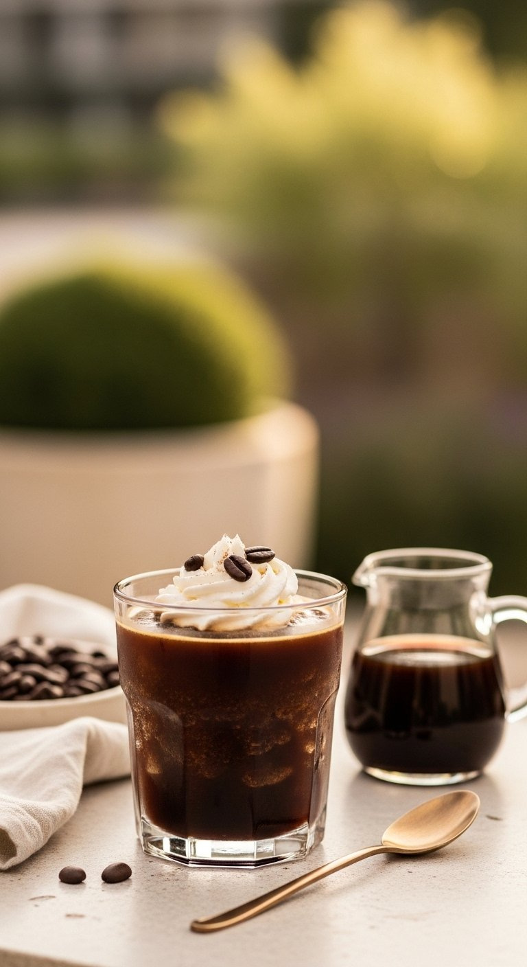 Dark Cold Brew Frozen Coffee Topped With Whipped Cream And Coffee Beans On A Smooth Stone Surface.