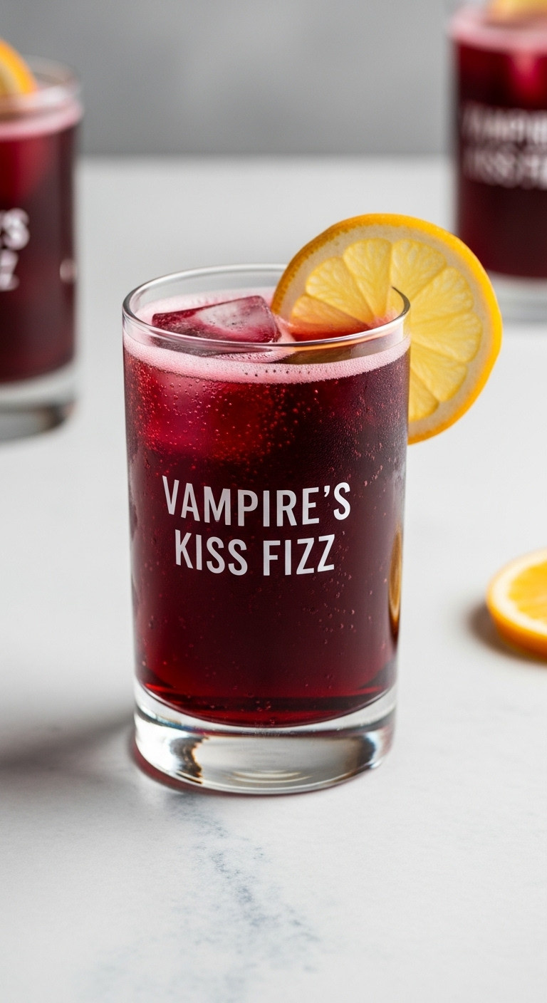 Dark, Deep Red Vampire's Kiss Fizz, A Sparkling Halloween Drink In An Elegant Glass, Perfect For Spooky Parties.