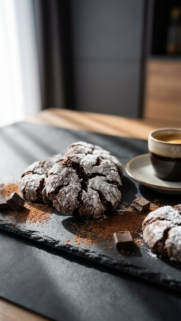 Dark, Fudgy Brownie Crinkle Cookies With Powdered Sugar Cracks, Showcasing Their Moist Texture On A Dark Slate Surface.