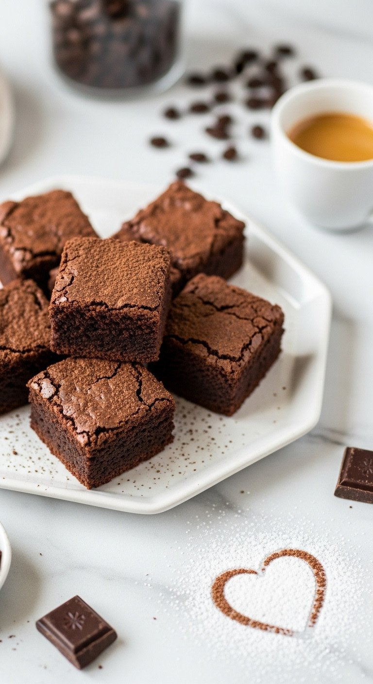 Dark Fudgy Espresso Brownie Bites, Cocoa Dusted, On Geometric White Platter. Coffee Beans, Espresso Cup. Bright Daylight.