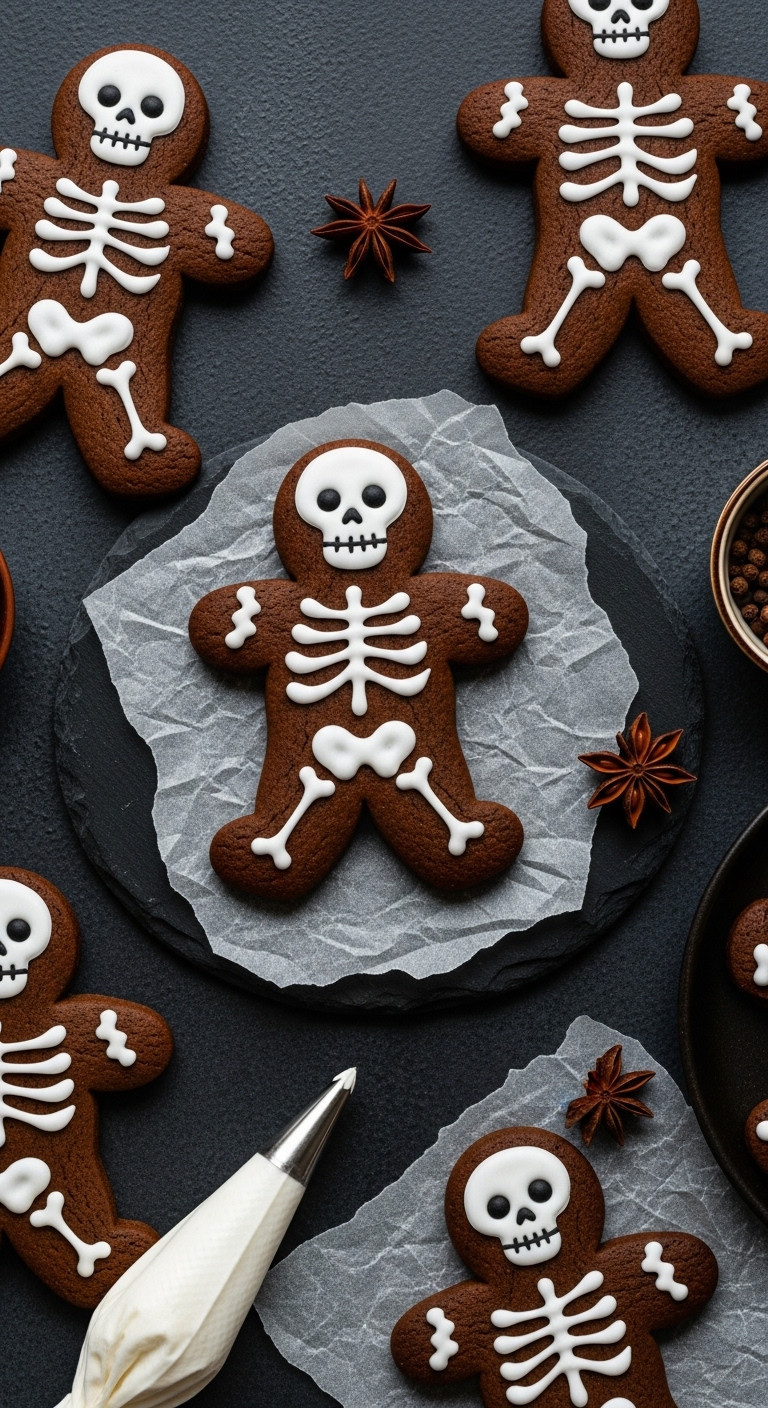 Dark Gingerbread Skeleton Cookies With White Icing Bones On Parchment, Piping Bag, Spices, Festive Halloween Baking.