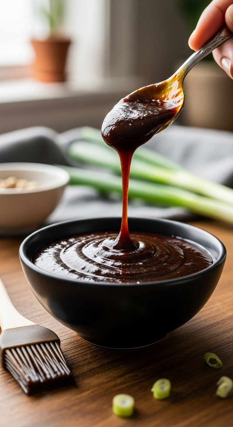 Dark Glossy Japanese Tare Sauce In A Rustic Ceramic Bowl With A Basting Brush On A Wooden Table.