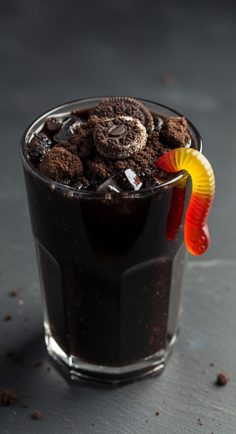 Dark Grave Diggers Delight Loaded Tea With Crushed Cookie Dirt And A Gummy Worm Crawling Out On A Slate Surface