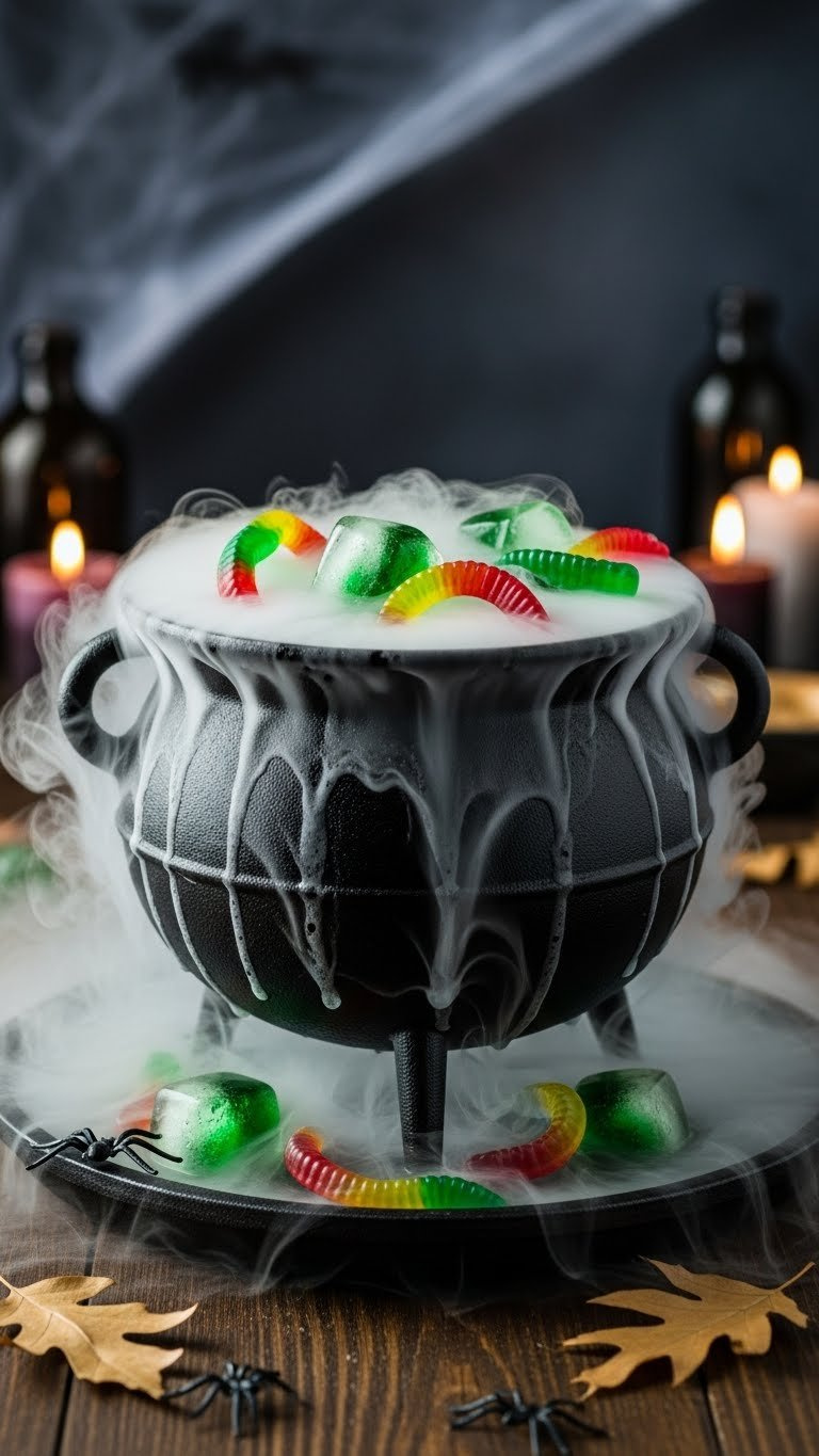 Dark Green Witch's Brew Punch Bubbling Over Black Cast-Iron Cauldron With Glowing Green Ice Cubes And Gummy Worms Floating In Dim Halloween Setting
