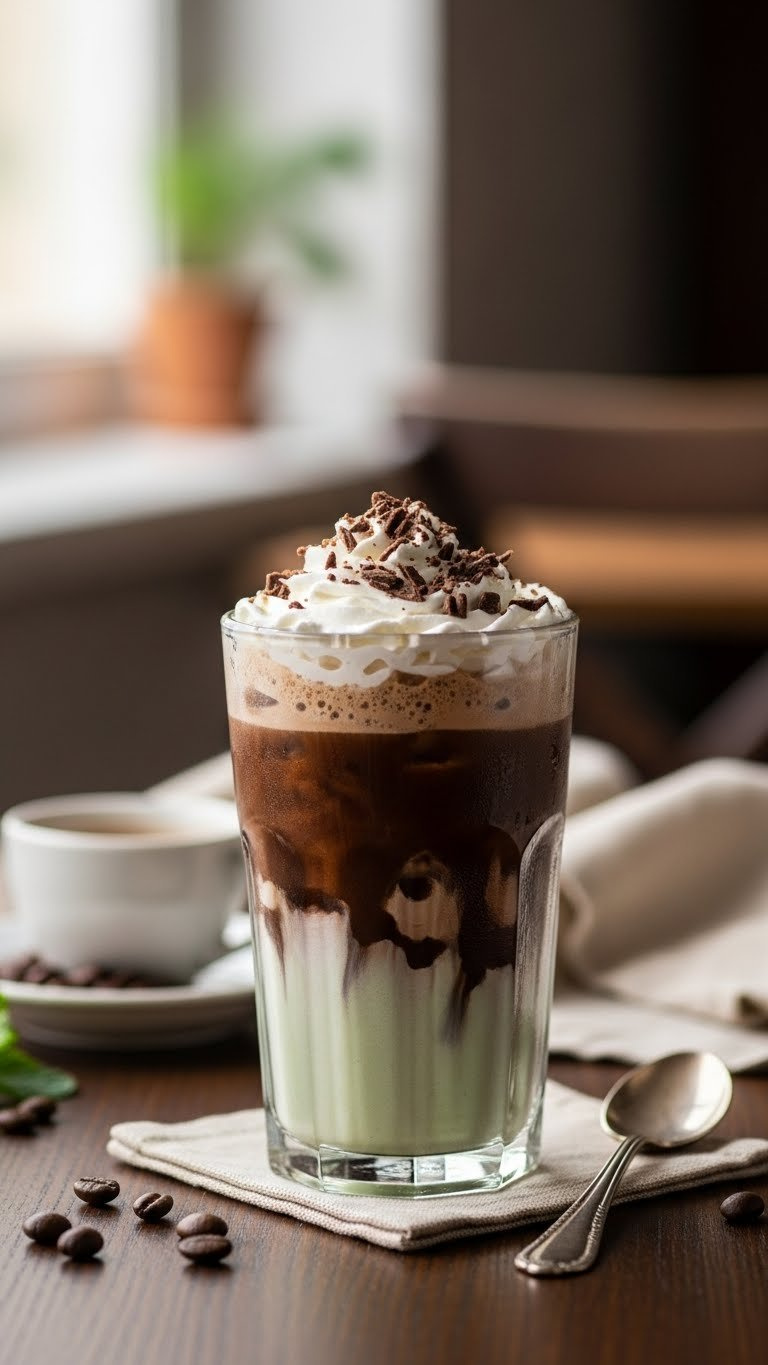 Dark Iced Mocha Coffee With Chocolate Shavings And Whipped Cream On Dark Wooden Table In Cozy Interior.