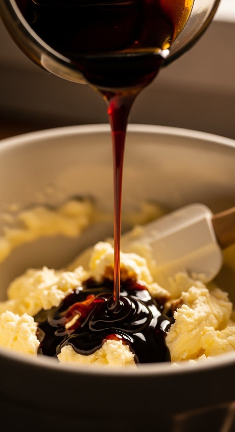 Dark Molasses Drizzling Into A Bowl Of Creamed Butter And Sugar With A Spatula Nearby.